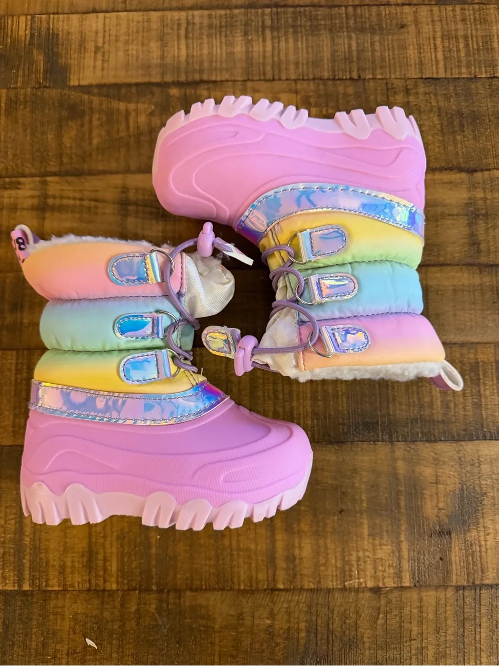 Kids Pink Rainbow Winter Snow Boots - Cozy Waterproof Slip-On